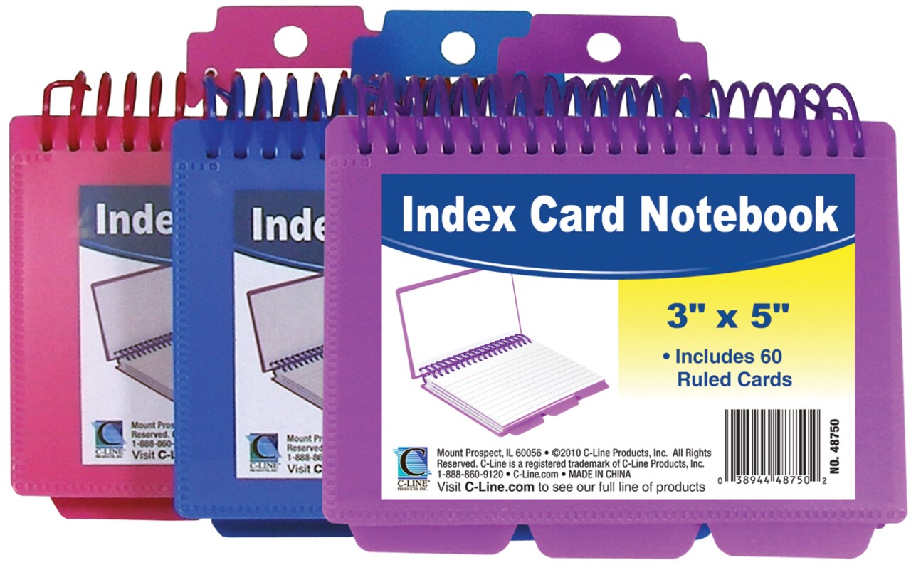 C-Line Spiral-Bound Index Card Notebook 3"X5" -60 Pages Assorted Colors